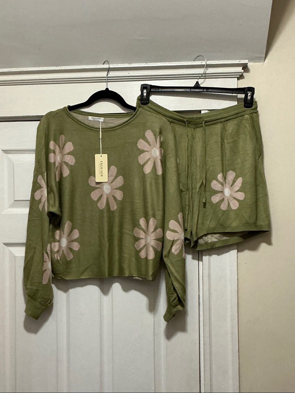 Olive Floral Knit Lounge Set with Pink Blooms - Women Intimates & Sleepwear